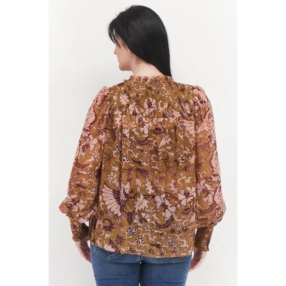 O.P.T One Pretty Time Womens Top L Smocked Peasant Praire Peasant Boho Cottage - Picture 8 of 8